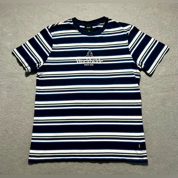 HUF Worldwide Since 2002 Blue White Stripe T-Shirt Men’s Large Skate Cotton Tee - Picture 1 of 5